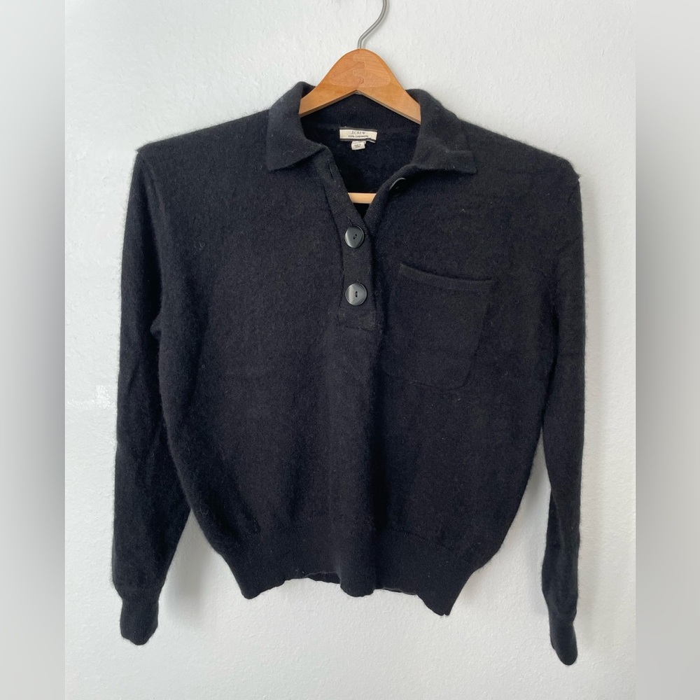 Women’s J Crew Collared V Neck Cashmere Sweater, Black, XS